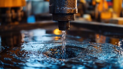 A close-up of oil flowing from a newly drilled well, with engineers monitoring the process.