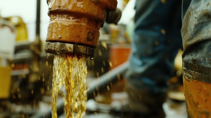 A close-up of oil flowing from a newly drilled well, with engineers monitoring the process.