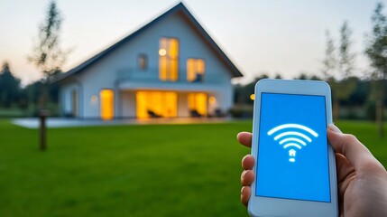 Poster - Homeowner reviewing smart home internet security settings to prevent unauthorized access Stock Photo with side copy space