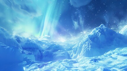 Poster - A mesmerizing shot of a high-altitude glacier with crystalline ice patterns and a rare, deep blue aurora borealis casting a mystical light over the icy expanse, Glacier scene