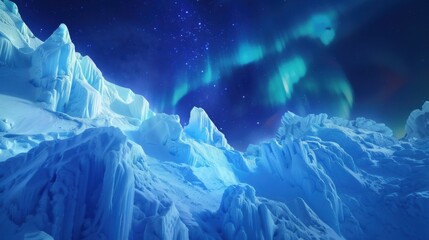 Poster - A mesmerizing shot of a high-altitude glacier with crystalline ice patterns and a rare, deep blue aurora borealis casting a mystical light over the icy expanse, Glacier scene