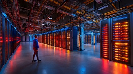 Poster - Technician walking through a data center room with rows of computer mainframes and servers Stock Photo with side copy space