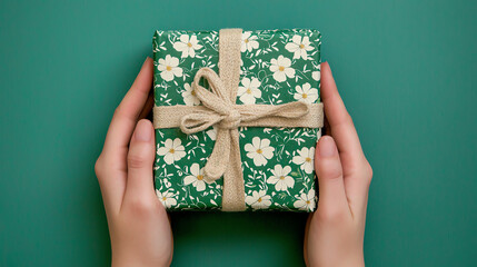 Hands holding a gift wrapped in recycled paper, Green Monday shopping, festive and eco-friendly space for text