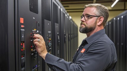 Poster - IT engineer checking the status of a computer mainframe system in a high-security data center Stock Photo with side copy space