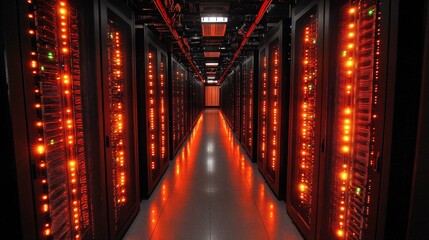 Poster - Rows of network servers in a dimly lit data center with flashing indicators Stock Photo with side copy space