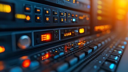 Poster - Rows of network servers in a dimly lit data center with flashing indicators Stock Photo with side copy space