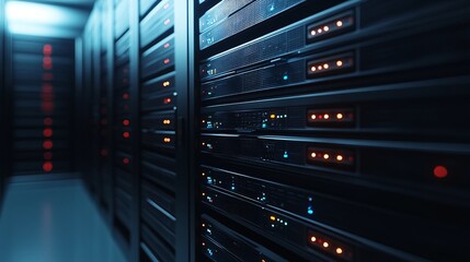 Poster - Close-up of data cables and connections in a mainframe server rack Stock Photo with side copy space