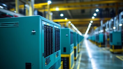 Poster - Cooling systems and power backup units in a data center to maintain optimal server performance Stock Photo with side copy space