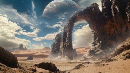 Poster - A mesmerizing shot of a remote desert sand dune with surreal, wind-sculpted patterns and a rare, vivid solar eclipse casting a dramatic shadow over the undulating sands
