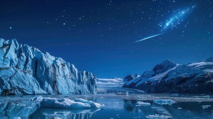 Poster - A mesmerizing shot of a remote glacier canyon with unique ice sculptures and a rare, vibrant planetary alignment casting a celestial glow over the frosty terrain, Glacier canyon scene