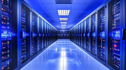 Aufkleber - Mainframe storage systems with blinking lights indicating data processing in a secure server room Stock Photo with side copy space