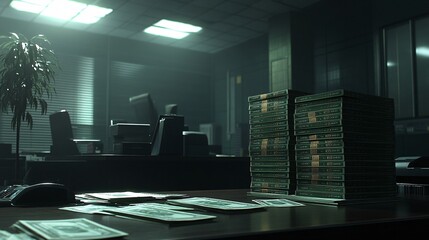 Aufkleber - Corrupt business deal taking place in a dimly lit office with stacks of cash on the table Stock Photo with side copy space
