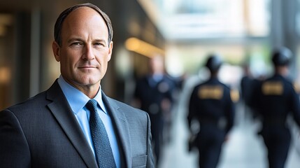 Poster - CEO in a suit being escorted by federal agents through a corporate building Stock Photo with side copy space