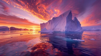 Poster - A mesmerizing view of a colossal iceberg drifting in a remote Arctic fjord under a rare triple sunset, Arctic fjord scene, Triple sunset style
