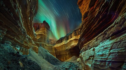 Poster - A mesmerizing view of a deep, remote canyon with colorful, layered rock formations and a rare