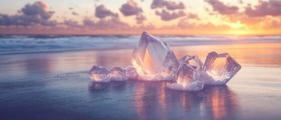 A beach scene with a large pile of ice cubes on the sand