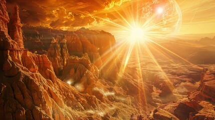 Poster - A mesmerizing view of a high-altitude desert canyon with dramatic, sculpted rock formations and a rare, vivid solar flare creating dynamic light patterns across the arid landscape