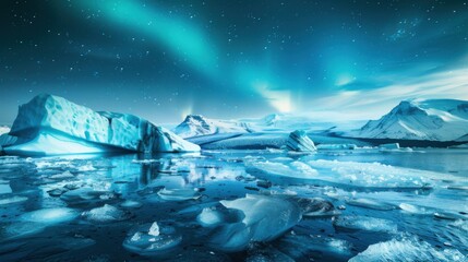 Poster - A mesmerizing view of a high-altitude glacier lagoon with enormous, reflective icebergs and a rare, vivid meteor shower creating dynamic streaks across the icy waters