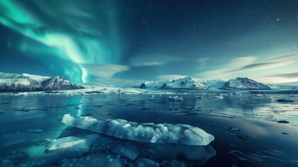 Poster - A mesmerizing view of a high-altitude glacier lagoon with enormous, reflective icebergs and a rare, vivid meteor shower creating dynamic streaks across the icy waters