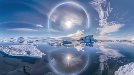 Poster - A mesmerizing view of a high-altitude glacier lagoon with floating, translucent icebergs and a rare, bright solar corona casting a celestial halo over the icy waters