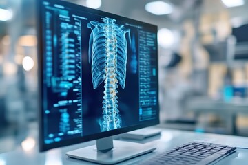 Poster - detailed digital x-ray image of a human spine displayed on a computer in a medical facility