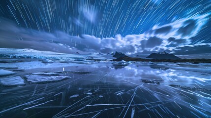 Poster - A mesmerizing view of a high-altitude glacier lagoon with floating, translucent icebergs and a rare, vivid aurora australis creating a celestial glow over the icy waters