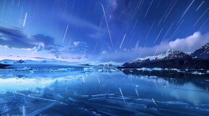 Poster - A mesmerizing view of a high-altitude glacier lagoon with floating, translucent icebergs and a rare, vivid aurora australis creating a celestial glow over the icy waters