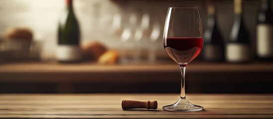 Poster - Close up of a red wine glass on a table with a blurred bottle and corkscrew. with copy space image. Place for adding text or design