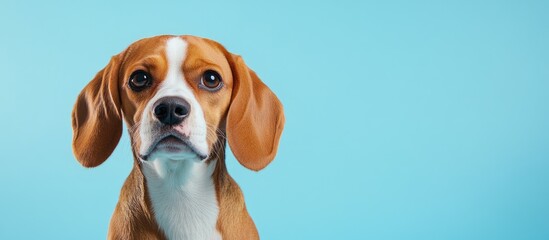 Poster - Studio portrait of a beagle on a light blue background. with copy space image. Place for adding text or design
