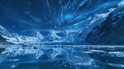 Poster - A mesmerizing view of a high-altitude glacier lake with crystal-clear icebergs and a rare, bright planetary alignment reflecting on the frozen waters, Glacier lake scene