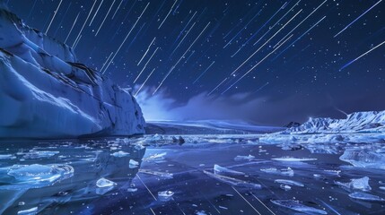 Poster - A mesmerizing view of a high-altitude glacier lake with crystal-clear icebergs and a rare, bright planetary alignment reflecting on the frozen waters, Glacier lake scene