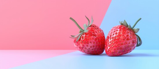 Poster - Bright ripe juicy strawberry set against a dual pastel pink blue background. with copy space image. Place for adding text or design