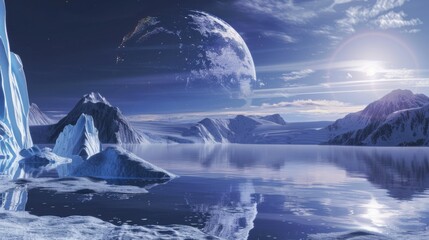 Poster - A mesmerizing view of a high-altitude glacier lake with floating, translucent icebergs and a rare, deep blue meteor shower casting dynamic streaks across the icy surface