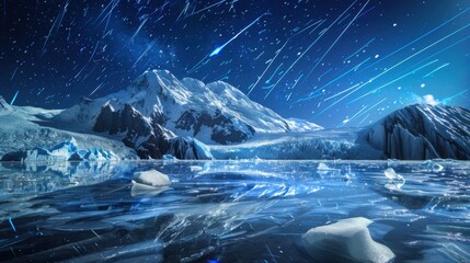 Poster - A mesmerizing view of a high-altitude glacier lake with crystal-clear icebergs and a rare, bright planetary alignment reflecting on the frozen waters, Glacier lake scene