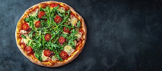 Poster - Brazilian style pizza featuring mozzarella sun dried tomatoes and arugula Top view Copy space Pizza de tomate seco com rucula