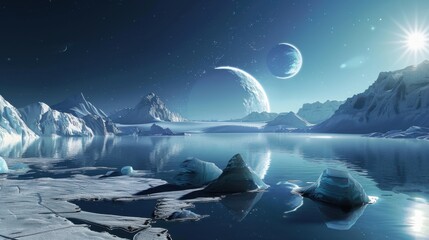 Poster - A mesmerizing view of a high-altitude glacier lake with floating, translucent icebergs and a rare, deep blue meteor shower casting dynamic streaks across the icy surface