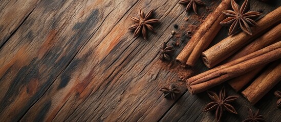 Fototapete - Cinnamon sticks and star anise on a wooden surface copy space