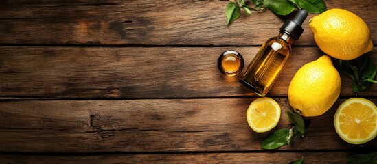Poster - Bottle of lemon essential oil placed on a wooden background. with copy space image. Place for adding text or design