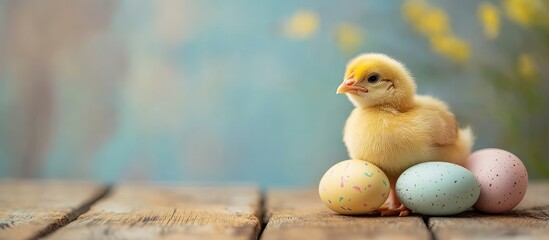 Poster - Yellow chicken and Easter eggs on a wooden table. with copy space image. Place for adding text or design