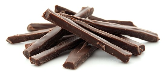 Fototapete - Chocolate covered dried mango pieces Dried mango fruit sticks are coated in milk chocolate against a white background. with copy space image. Place for adding text or design