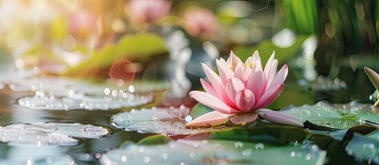 Aufkleber - Delicate bud pink water lilies or lotus flowers Marliacea Rosea opened early in the morning at the garden pond Nymphaea blooms among large leaves Selective focus Nature concept for design