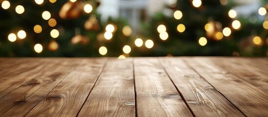 Leinwandbilder - wooden table with free space for your product and a blurred background of a Christmas tree. with copy space image. Place for adding text or design