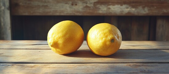 Fototapete - two fresh and ripe lemons on the wooden table. with copy space image. Place for adding text or design