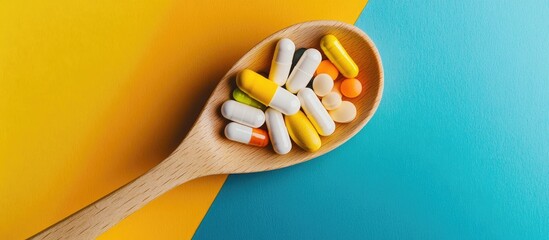Poster - Top view of a variety of vitamin and mineral pills in a wooden spoon against a colored background An overhead look at assorted pharmaceutical medicine pills Healthcare product for dietary supplemen