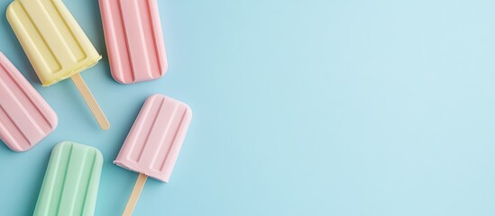 Aufkleber - Top view of pastel popsicles with copy space minimal summer concept on a light blue background