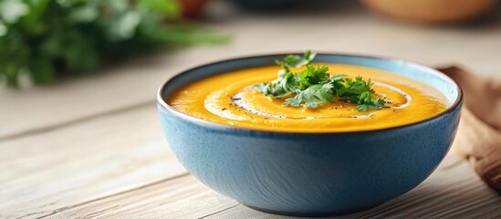 Poster - Vegetarian cream soup made from red kuri squash garnished with coriander served in a blue bowl on a light wooden table copy space selected focus narrow depth of field