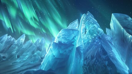 Poster - A mesmerizing view of a high-altitude ice dome with transparent ice columns and a rare, deep blue aurora borealis casting a surreal glow over the icy landscape, Ice dome scene