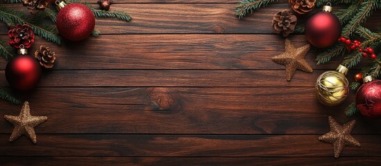 Wall Mural - Christmas decorations on a wooden surface with copyspace