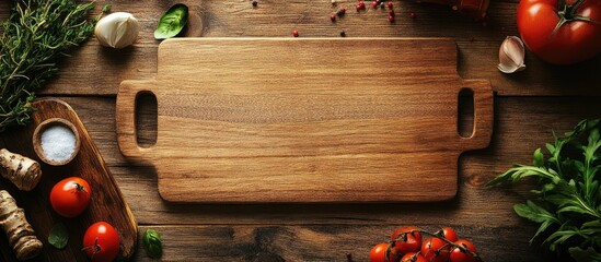 Poster - Cutting board on a rustic wooden kitchen table serves as empty copy space for food cooking and nutrition themes viewed from above