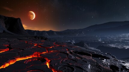 Poster - A mesmerizing view of a high-altitude plateau with ancient volcanic craters and sprawling lava fields under a rare lunar eclipse, Plateau scene, Astronomical style